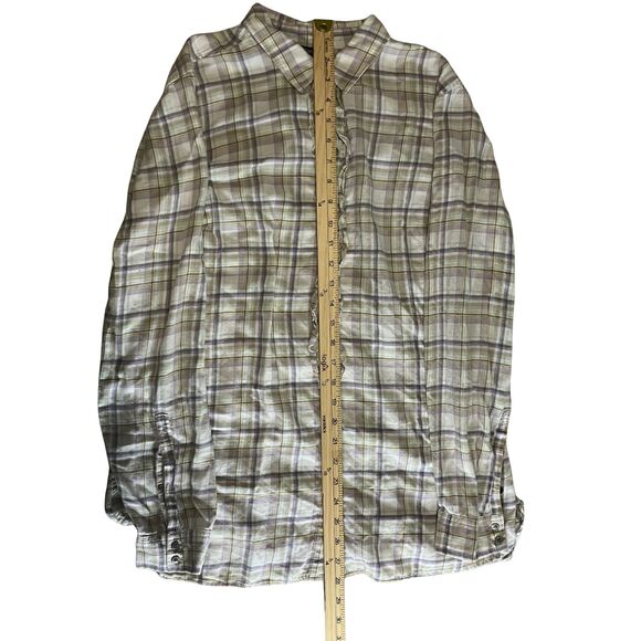 Eddie Bauer Plaid Ruffle Blouse Size L - Green Gray Cotton Roll Tab Sleeves - Picture 4 of 9